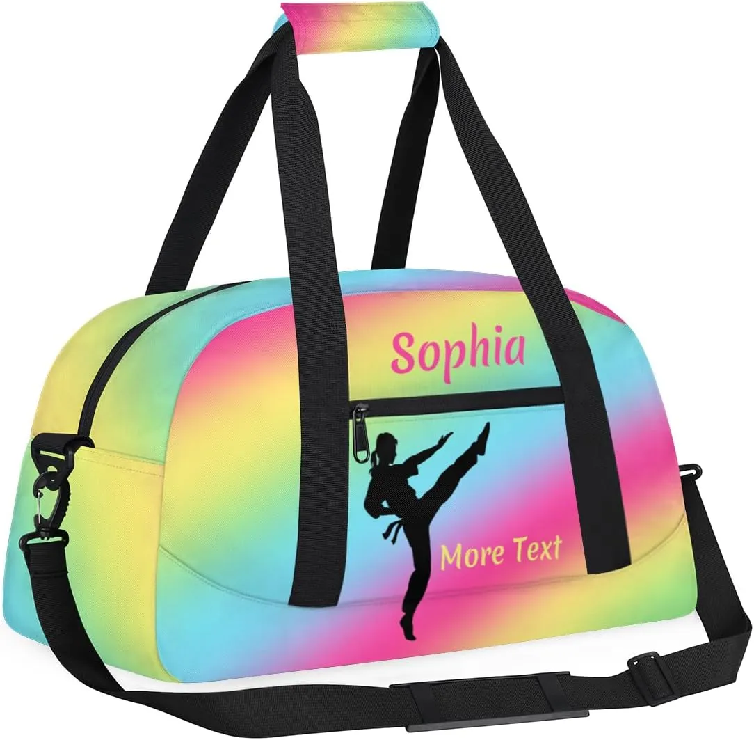 Personalized Kids Gym Bag for Girls Custom Name Sports Duffel Bag Weekender Overnight Travel Bags Rainbow Martial arts Gifts
