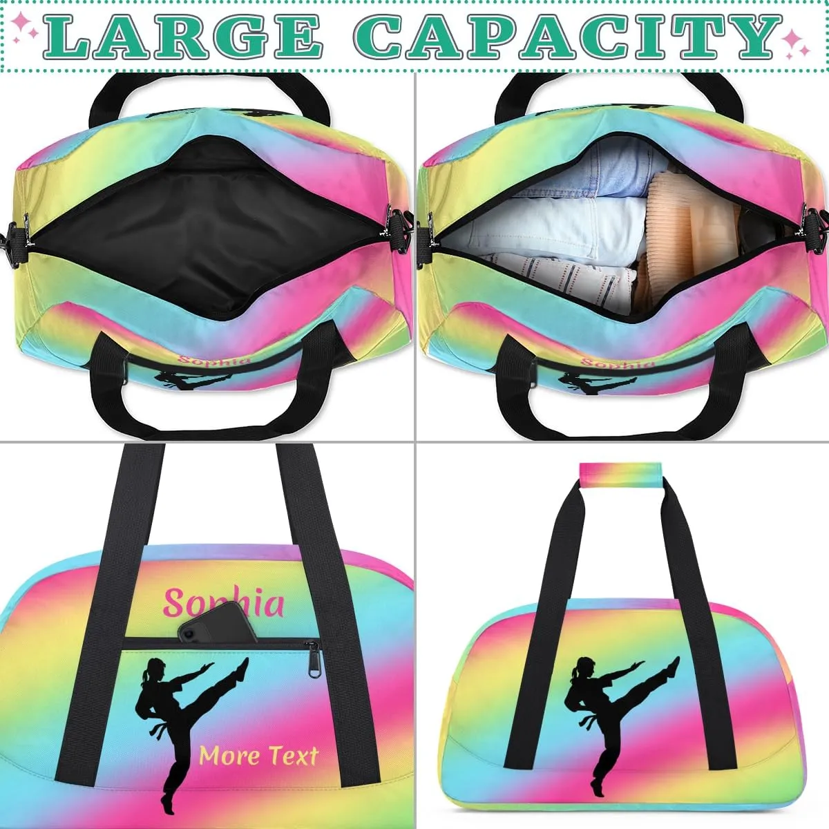 Personalized Kids Gym Bag for Girls Custom Name Sports Duffel Bag Weekender Overnight Travel Bags Rainbow Martial arts Gifts