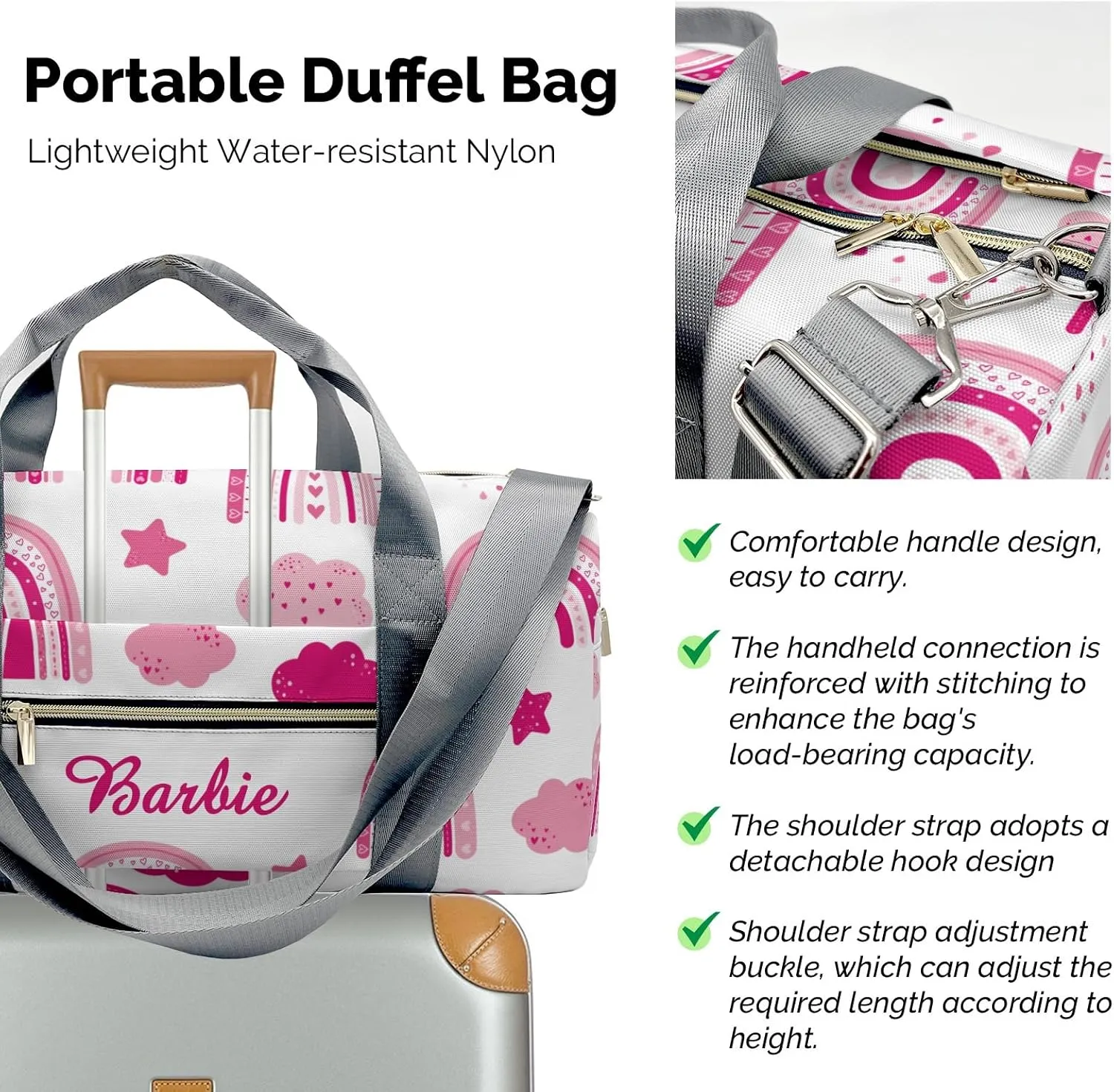Personalized Name Duffel Bag Barbie Pink Rainbow Star Cloud Ultimate Travel Bags: Your Companion for Every Adventure