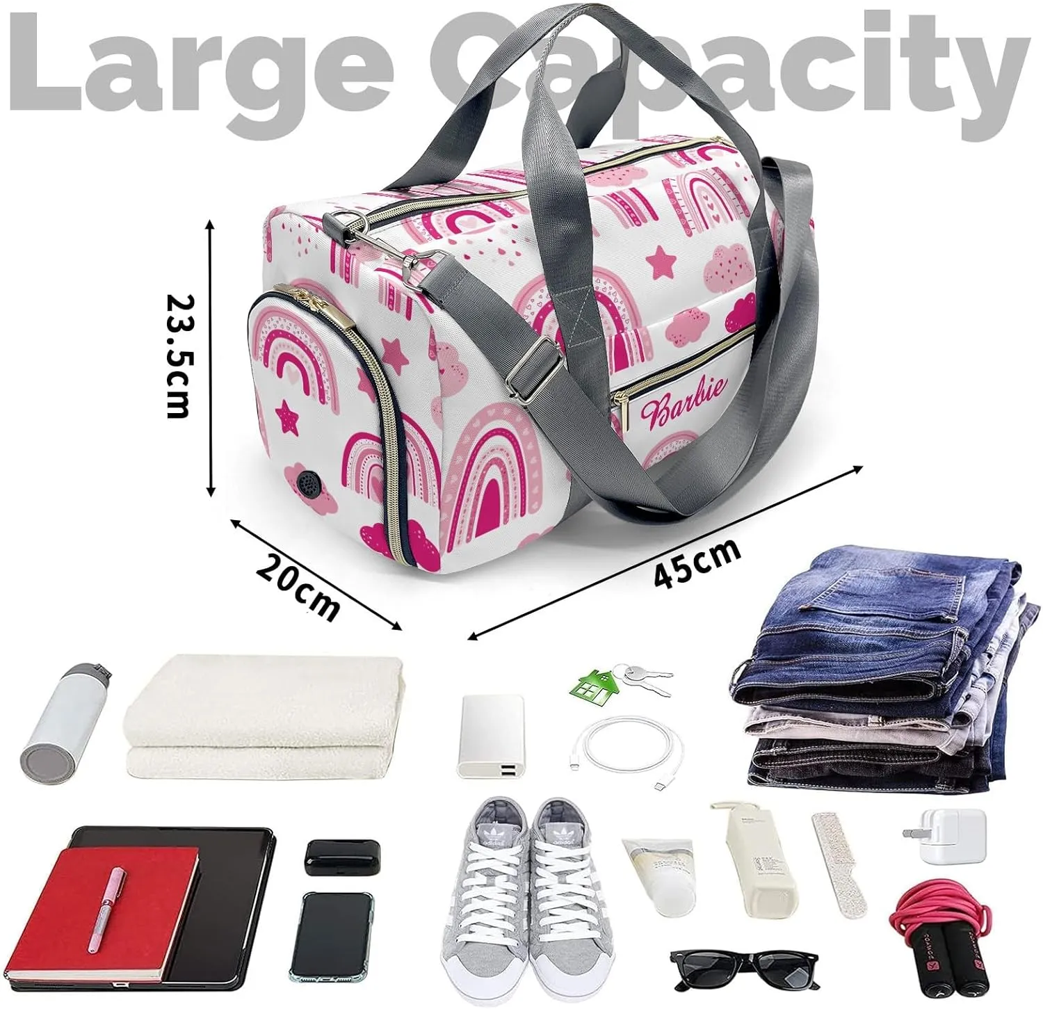 Personalized Name Duffel Bag Barbie Pink Rainbow Star Cloud Ultimate Travel Bags: Your Companion for Every Adventure