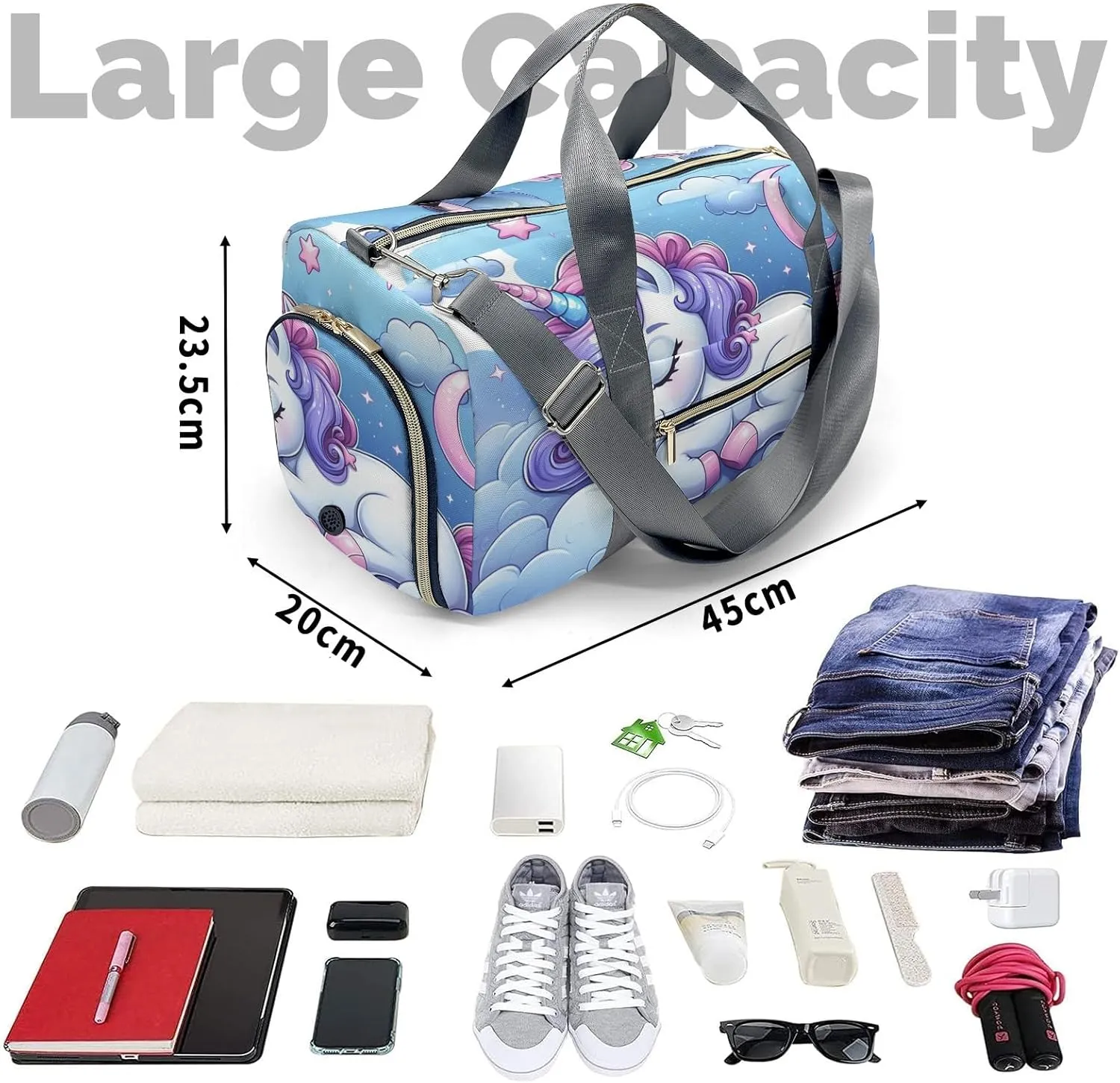 Personalized Name Duffel Bag Cute Rainbow Sleep Unicorn Blue Ultimate Travel Bags: Your Companion for Every Adventure