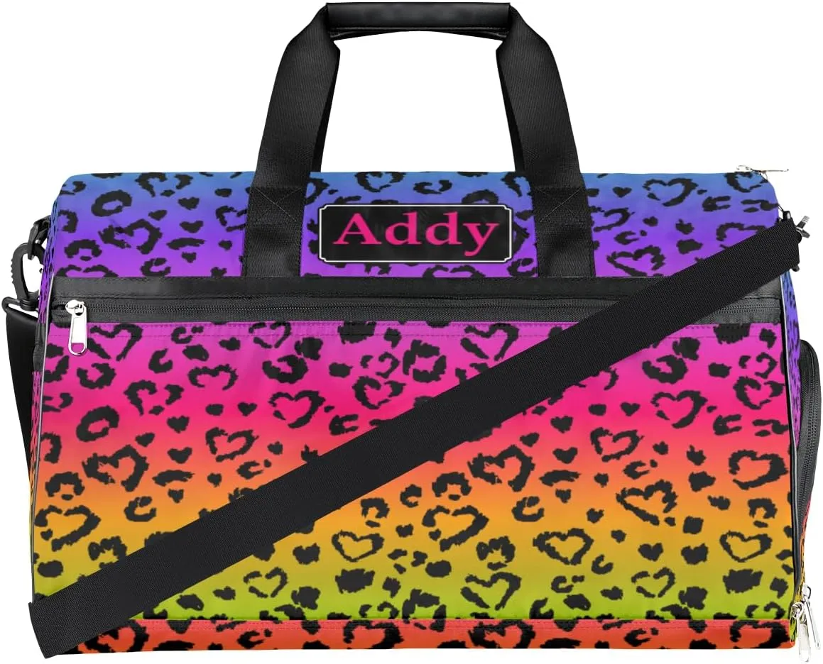 Personalized Rainbow Leopard Print Sport Duffel Bag for Boys Girls Women Men, Custom Name Cool Animal Gym Duffle Bag with Shoes Compartment Dance Bag Overnight Weekender Bag