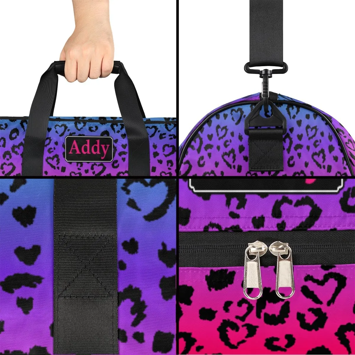 Personalized Rainbow Leopard Print Sport Duffel Bag for Boys Girls Women Men, Custom Name Cool Animal Gym Duffle Bag with Shoes Compartment Dance Bag Overnight Weekender Bag