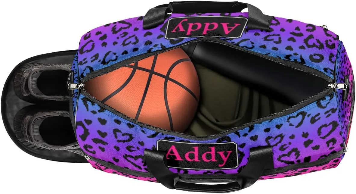 Personalized Rainbow Leopard Print Sport Duffel Bag for Boys Girls Women Men, Custom Name Cool Animal Gym Duffle Bag with Shoes Compartment Dance Bag Overnight Weekender Bag
