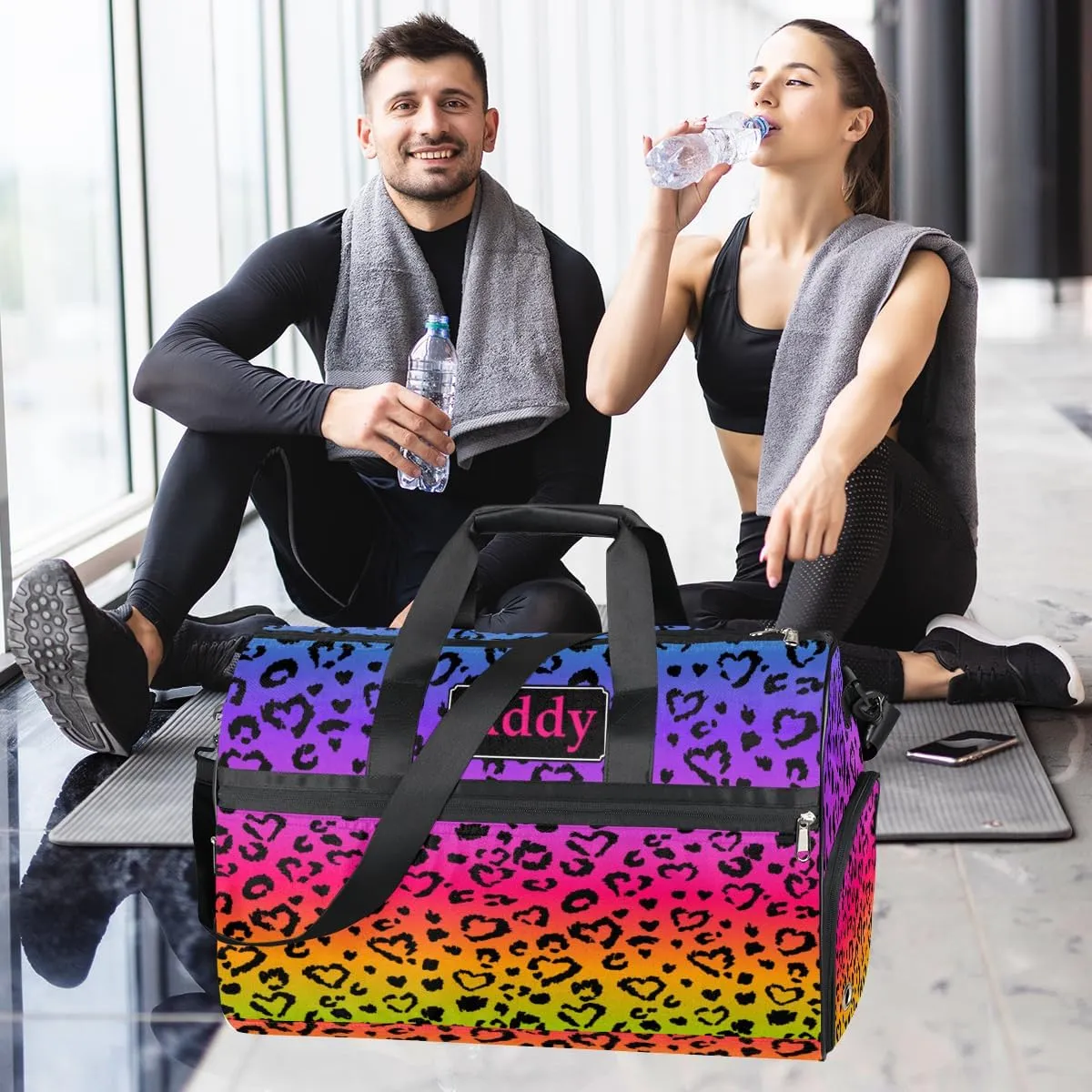 Personalized Rainbow Leopard Print Sport Duffel Bag for Boys Girls Women Men, Custom Name Cool Animal Gym Duffle Bag with Shoes Compartment Dance Bag Overnight Weekender Bag
