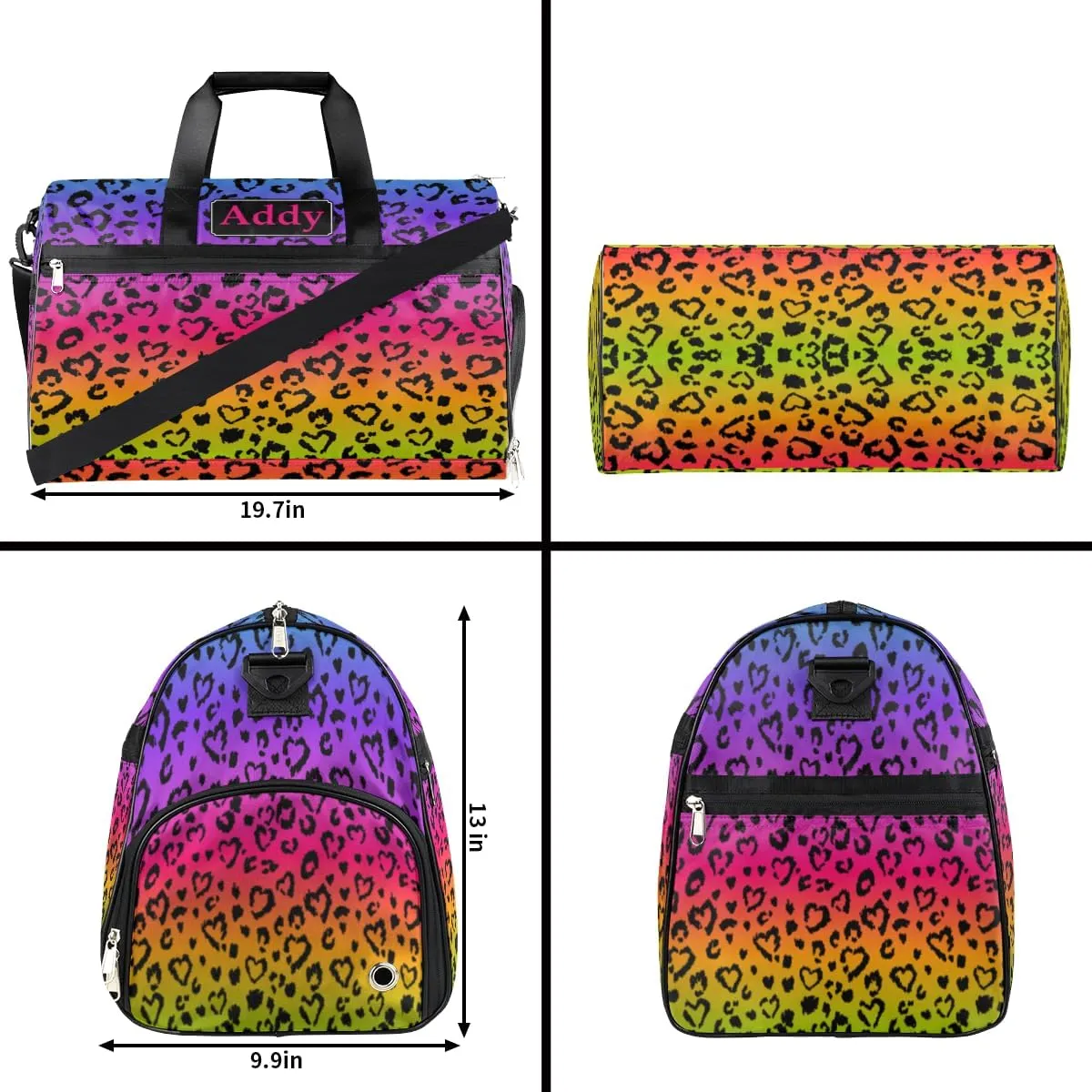 Personalized Rainbow Leopard Print Sport Duffel Bag for Boys Girls Women Men, Custom Name Cool Animal Gym Duffle Bag with Shoes Compartment Dance Bag Overnight Weekender Bag