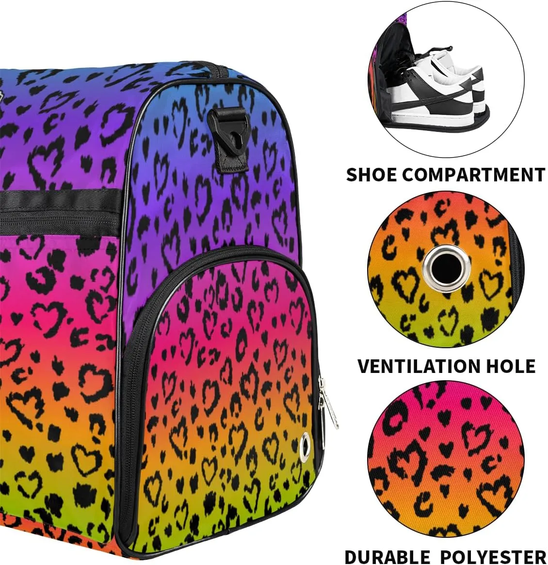 Personalized Rainbow Leopard Print Sport Duffel Bag for Boys Girls Women Men, Custom Name Cool Animal Gym Duffle Bag with Shoes Compartment Dance Bag Overnight Weekender Bag