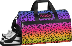 Personalized Rainbow Leopard Print Sport Duffel Bag for Boys Girls Women Men, Custom Name Cool Animal Gym Duffle Bag with Shoes Compartment Dance Bag Overnight Weekender Bag