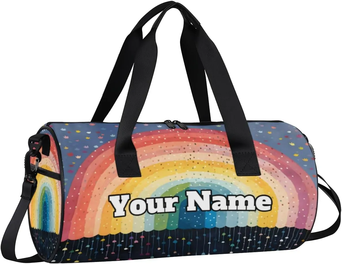 Personalized Rainbow Sport Gym Bag, Custom Name Duffel Bags for Men, Waterproof Custom Sport Duffel Bag, Gymnastics Dance, Colorful Dots