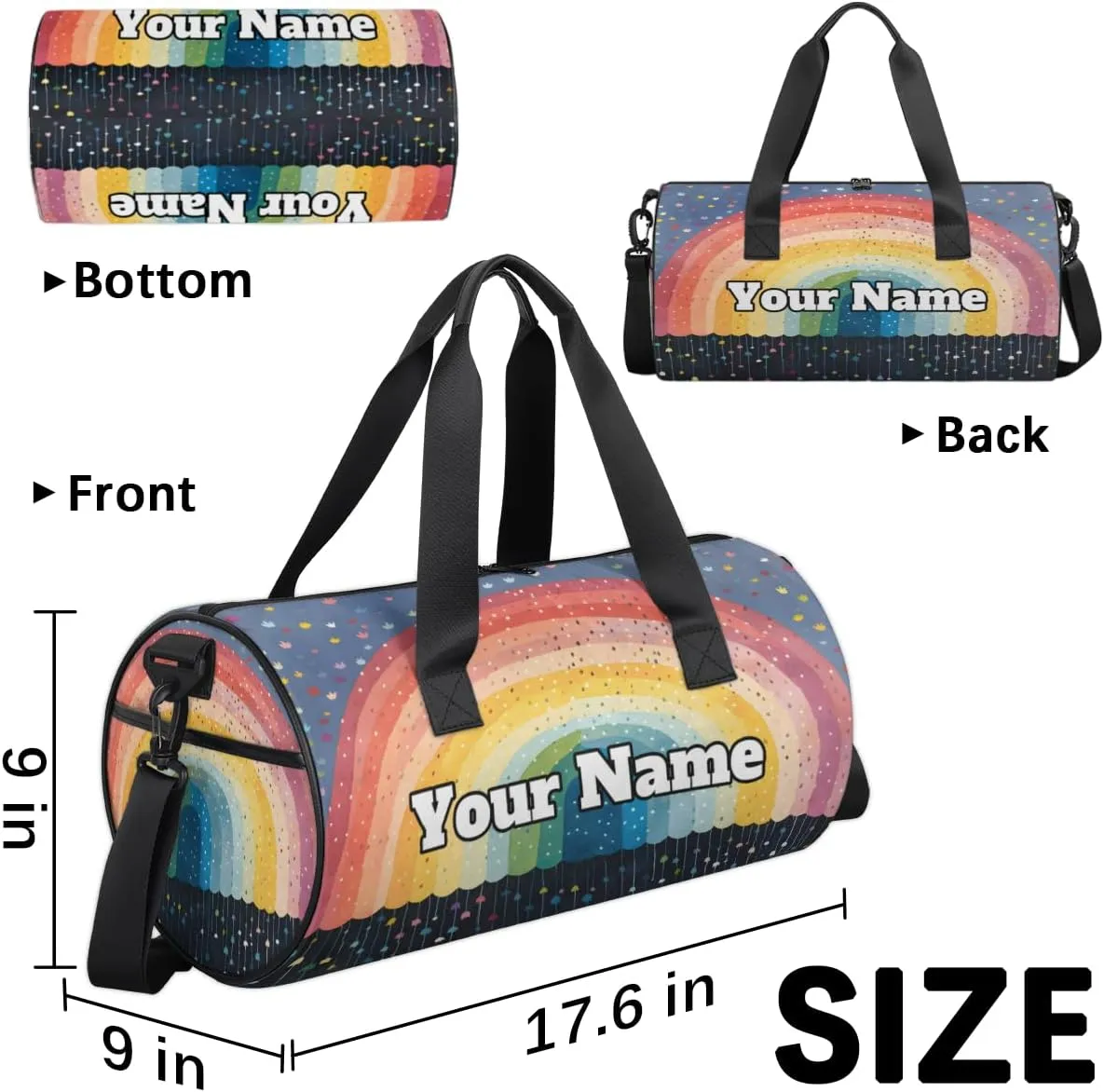 Personalized Rainbow Sport Gym Bag, Custom Name Duffel Bags for Men, Waterproof Custom Sport Duffel Bag, Gymnastics Dance, Colorful Dots
