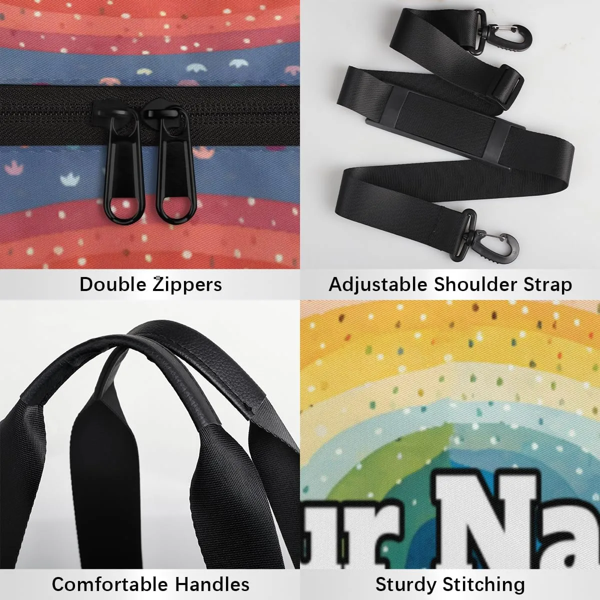 Personalized Rainbow Sport Gym Bag, Custom Name Duffel Bags for Men, Waterproof Custom Sport Duffel Bag, Gymnastics Dance, Colorful Dots