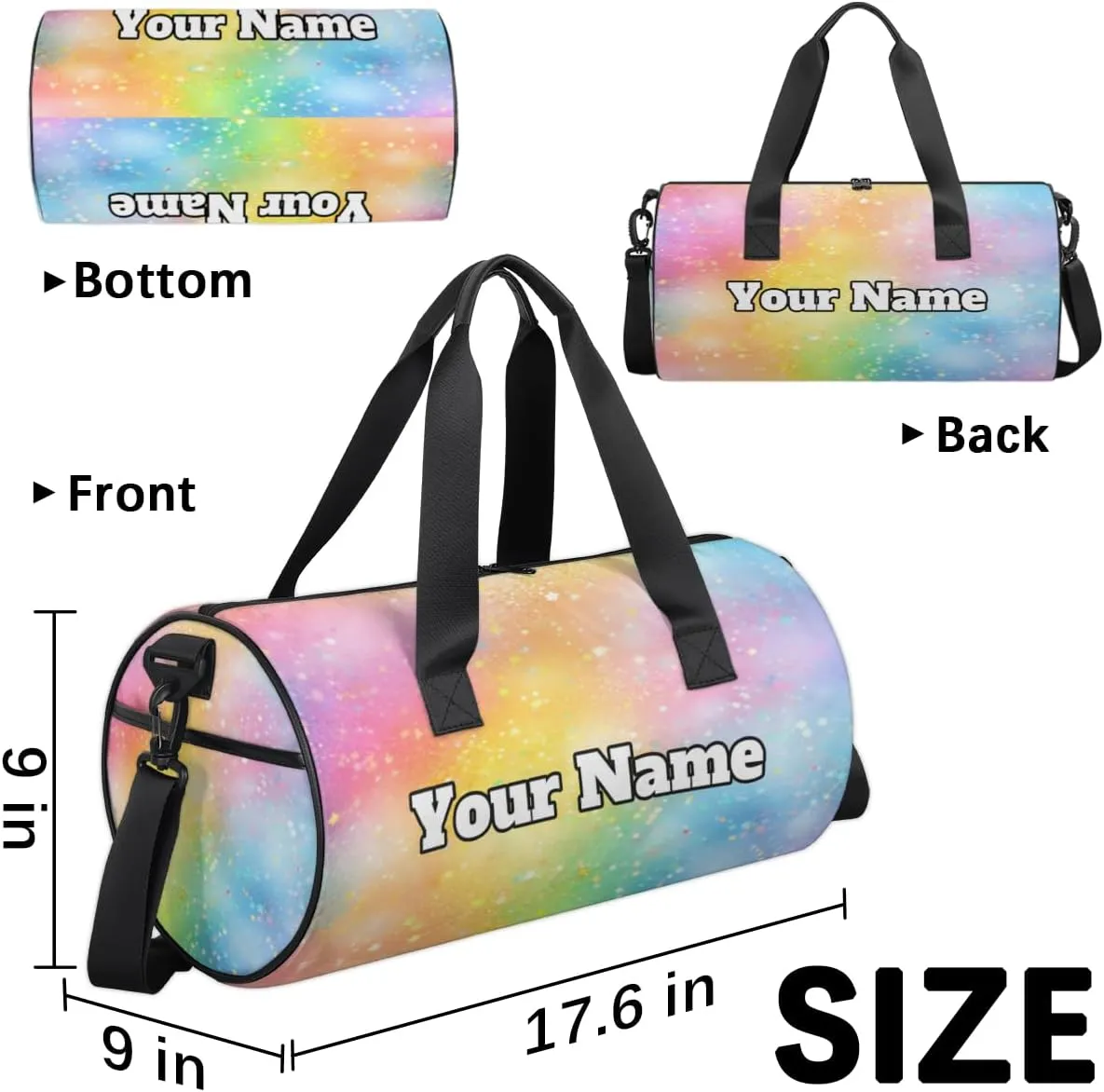 Personalized Rainbow Sport Gym Bag, Custom Name Duffel Bags for Men, Waterproof Custom Sport Duffel Bag, Gymnastics Dance, Rainbow Themed