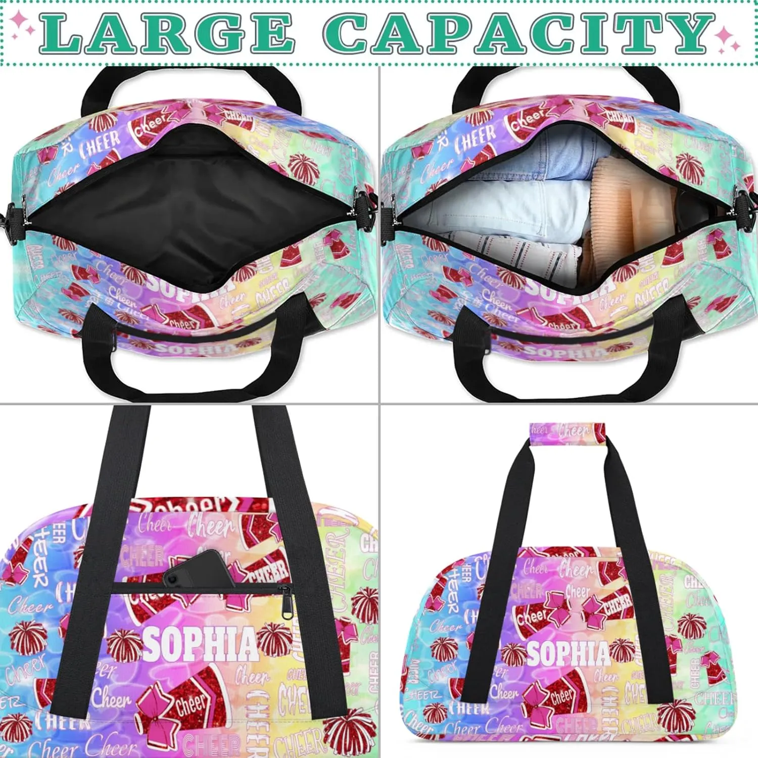 Personalized Sports Cheer Bag, Custom Name Sport Duffel Cheerleading Dance Bag Weekender Bags Carry On Overnight Travel Duffel Bag, Colorful Rainbow Blue Pink Yellow Green Love Hearts