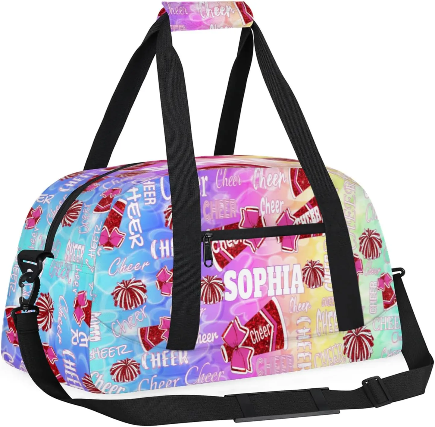 Personalized Sports Cheer Bag, Custom Name Sport Duffel Cheerleading Dance Bag Weekender Bags Carry On Overnight Travel Duffel Bag, Colorful Rainbow Blue Pink Yellow Green Love Hearts