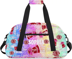 Personalized Sports Cheer Bag, Custom Name Sport Duffel Cheerleading Dance Bag Weekender Bags Carry On Overnight Travel Duffel Bag, Colorful Rainbow Blue Pink Yellow Green Love Hearts