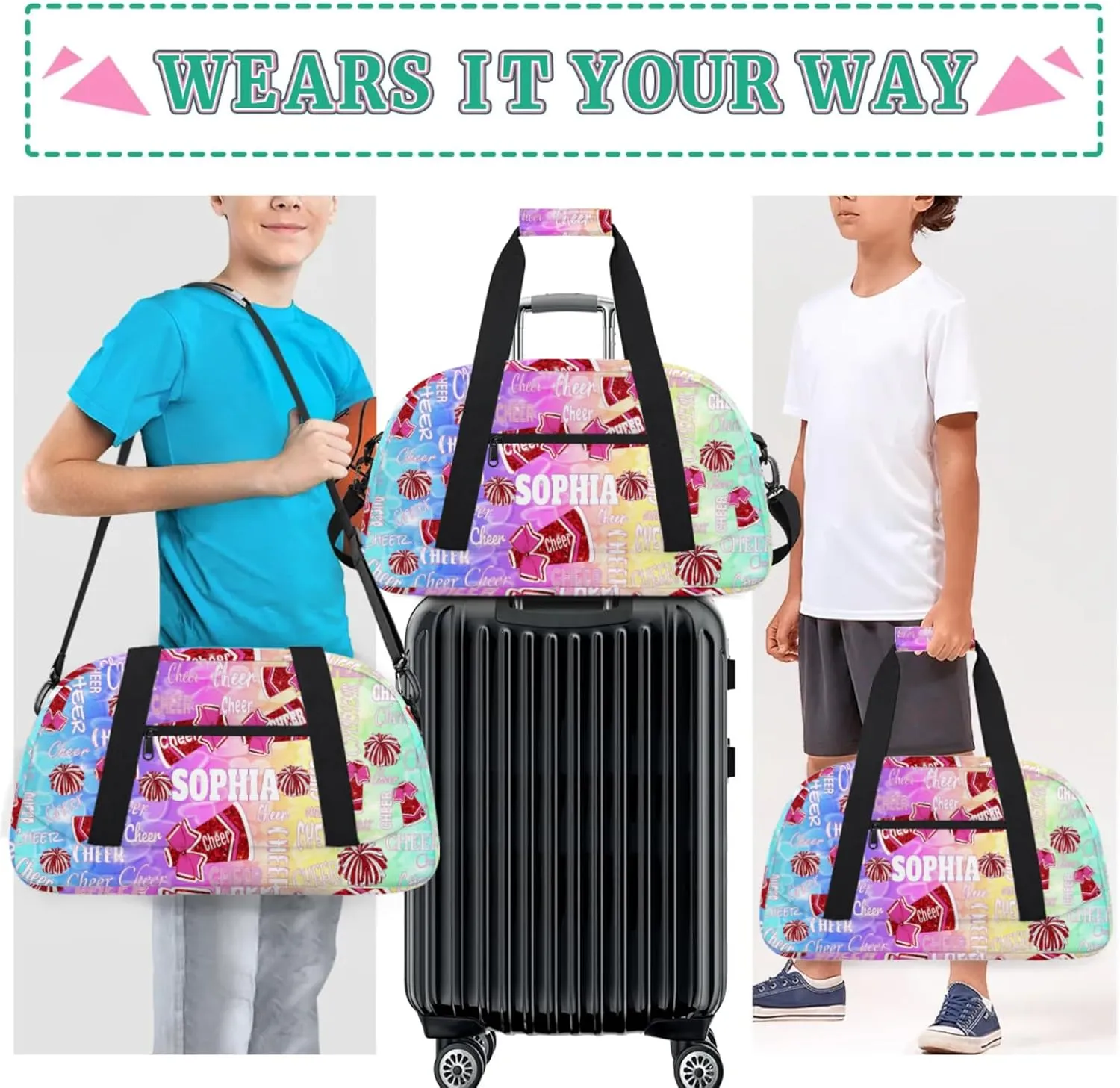 Personalized Sports Cheer Bag, Custom Name Sport Duffel Cheerleading Dance Bag Weekender Bags Carry On Overnight Travel Duffel Bag, Colorful Rainbow Blue Pink Yellow Green Love Hearts