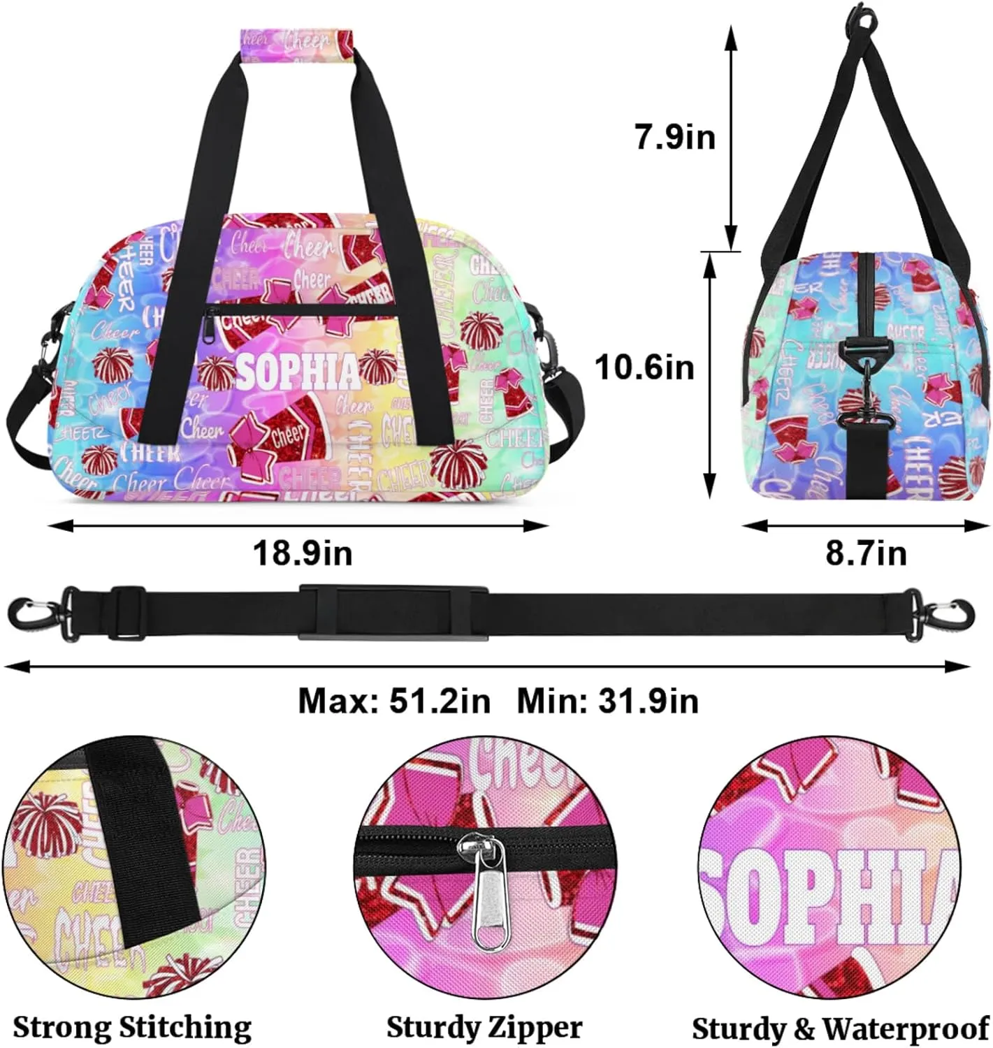 Personalized Sports Cheer Bag, Custom Name Sport Duffel Cheerleading Dance Bag Weekender Bags Carry On Overnight Travel Duffel Bag, Colorful Rainbow Blue Pink Yellow Green Love Hearts