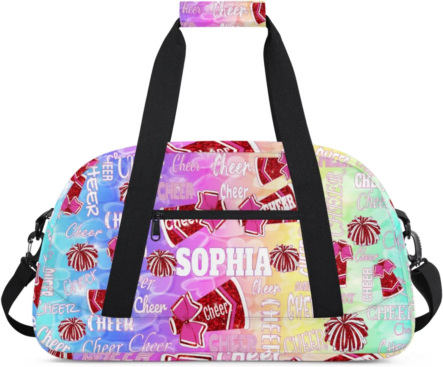 Personalized Sports Cheer Bag, Custom Name Sport Duffel Cheerleading Dance Bag Weekender Bags Carry On Overnight Travel Duffel Bag, Colorful Rainbow Blue Pink Yellow Green Love Hearts
