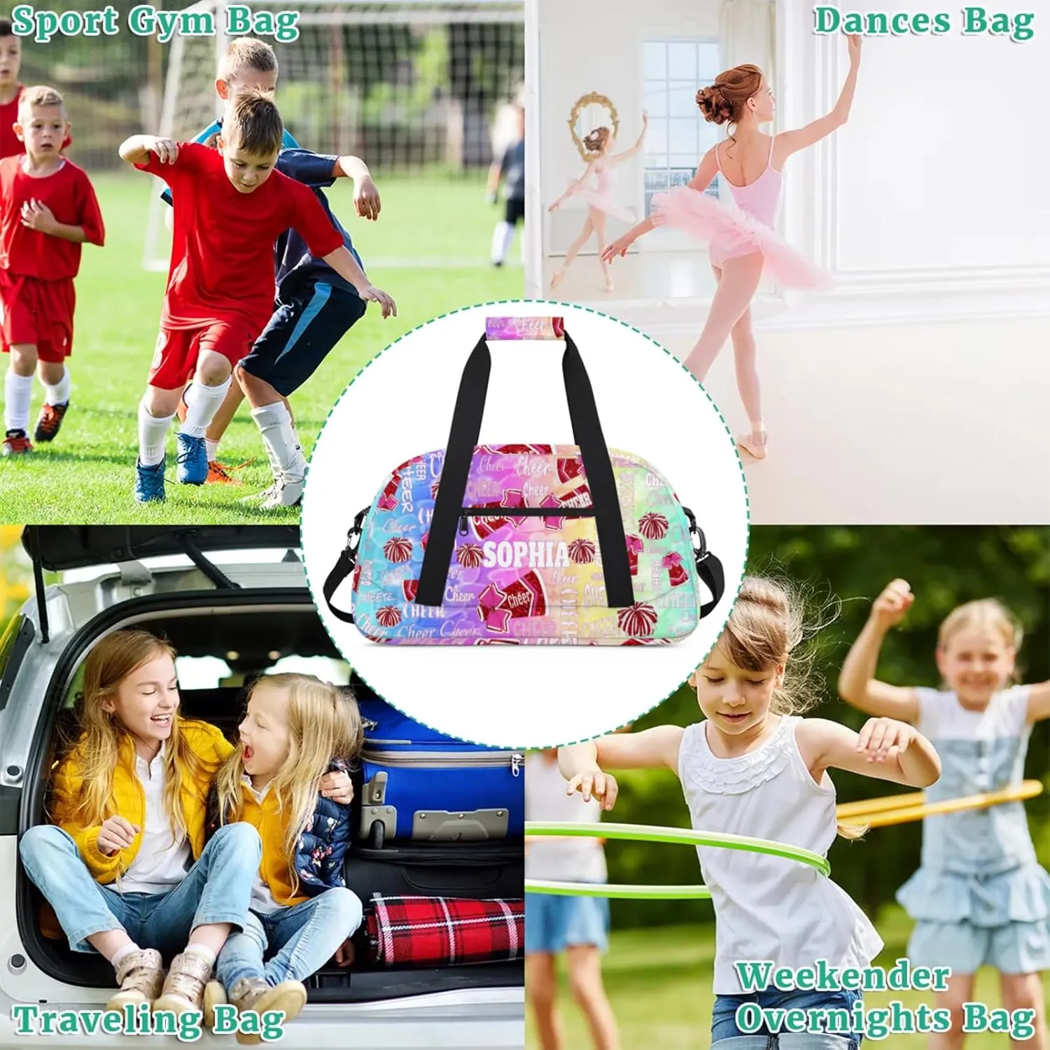 Personalized Sports Cheer Bag, Custom Name Sport Duffel Cheerleading Dance Bag Weekender Bags Carry On Overnight Travel Duffel Bag, Colorful Rainbow Blue Pink Yellow Green Love Hearts