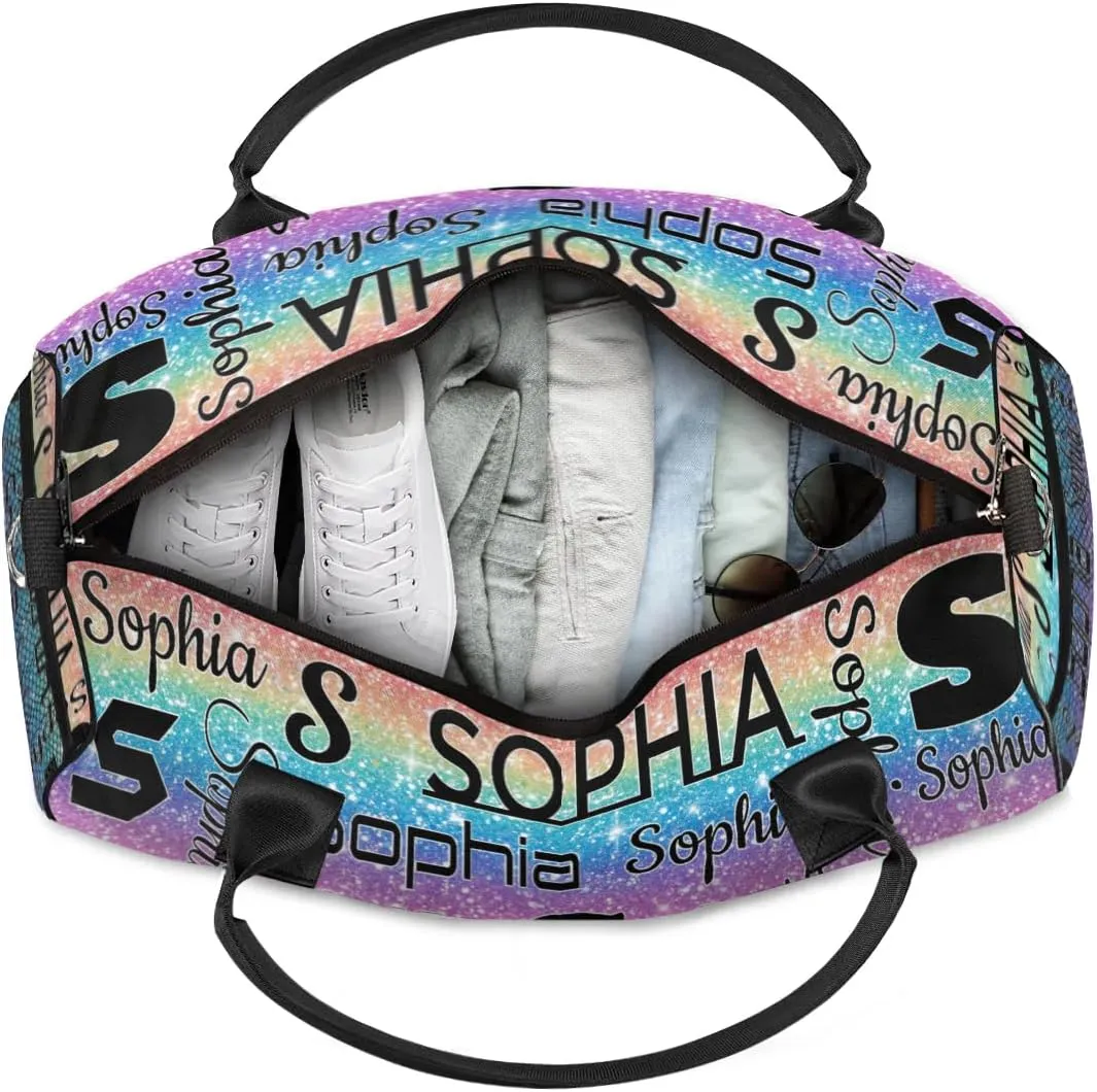 Personalized Travel Duffel Bag with Initial for Women, Custom Gym Duffel Bags Birthday Gift with Your Name Cheer Dance Overnight Weekender Bag Light Rainbow