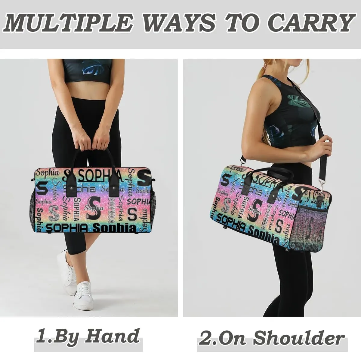 Personalized Travel Duffel Bag with Initial for Women, Custom Gym Duffel Bags Birthday Gift with Your Name Cheer Dance Overnight Weekender Bag Light Rainbow