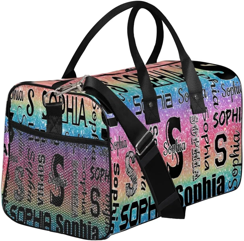 Personalized Travel Duffel Bag with Initial for Women, Custom Gym Duffel Bags Birthday Gift with Your Name Cheer Dance Overnight Weekender Bag Light Rainbow