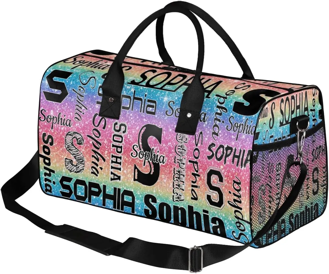 Personalized Travel Duffel Bag with Initial for Women, Custom Gym Duffel Bags Birthday Gift with Your Name Cheer Dance Overnight Weekender Bag Light Rainbow