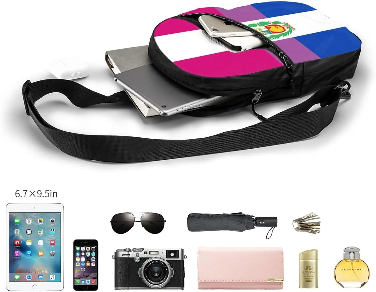 Peru Peruvian LGBT Rainbow Pride Flag Crossbody Bag Portable Sling Bags Foldable Chest Daypack Reusable Sports Shoulder Backpack Diagonally Casual Rucksack Travel Bag
