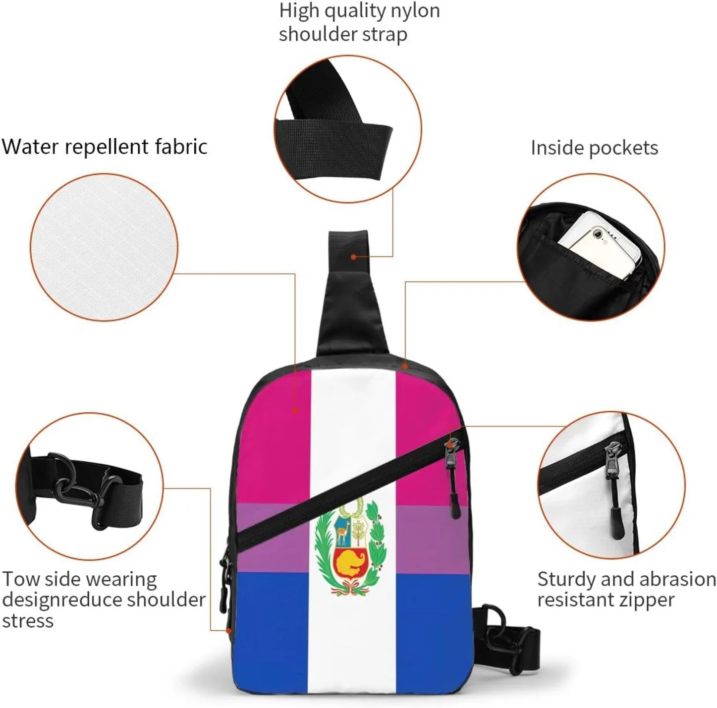 Peru Peruvian LGBT Rainbow Pride Flag Crossbody Bag Portable Sling Bags Foldable Chest Daypack Reusable Sports Shoulder Backpack Diagonally Casual Rucksack Travel Bag