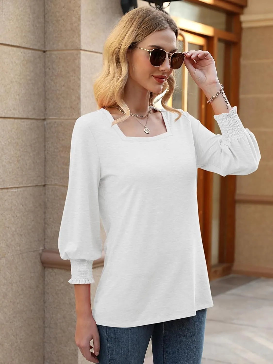 PGANDS Women's 3/4 Sleeve Tops Square Neck Spring Summer Casual Smocked Cuffs Shirts