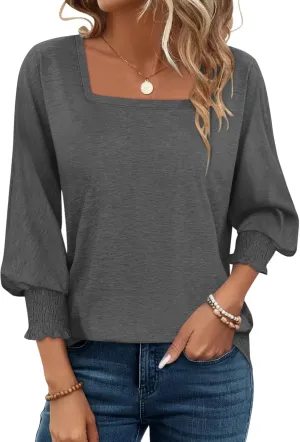 PGANDS Women's 3/4 Sleeve Tops Square Neck Spring Summer Casual Smocked Cuffs Shirts
