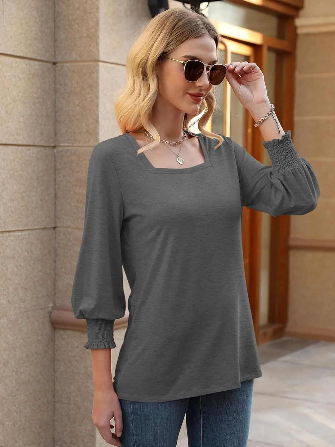 PGANDS Women's 3/4 Sleeve Tops Square Neck Spring Summer Casual Smocked Cuffs Shirts