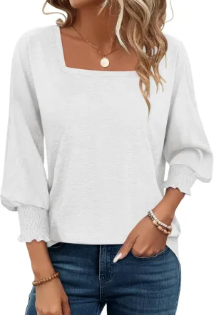 PGANDS Women's 3/4 Sleeve Tops Square Neck Spring Summer Casual Smocked Cuffs Shirts