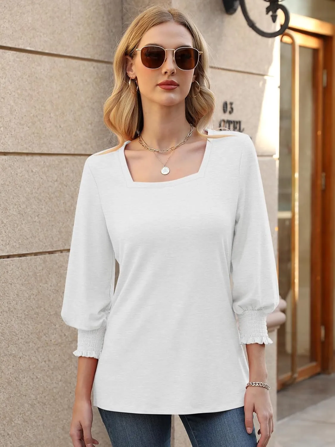 PGANDS Women's 3/4 Sleeve Tops Square Neck Spring Summer Casual Smocked Cuffs Shirts