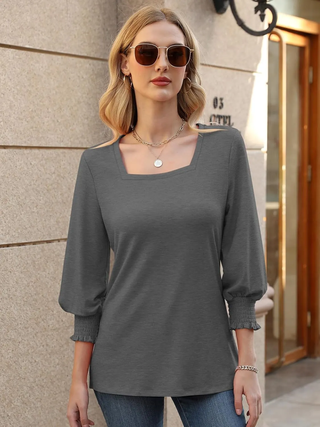PGANDS Women's 3/4 Sleeve Tops Square Neck Spring Summer Casual Smocked Cuffs Shirts