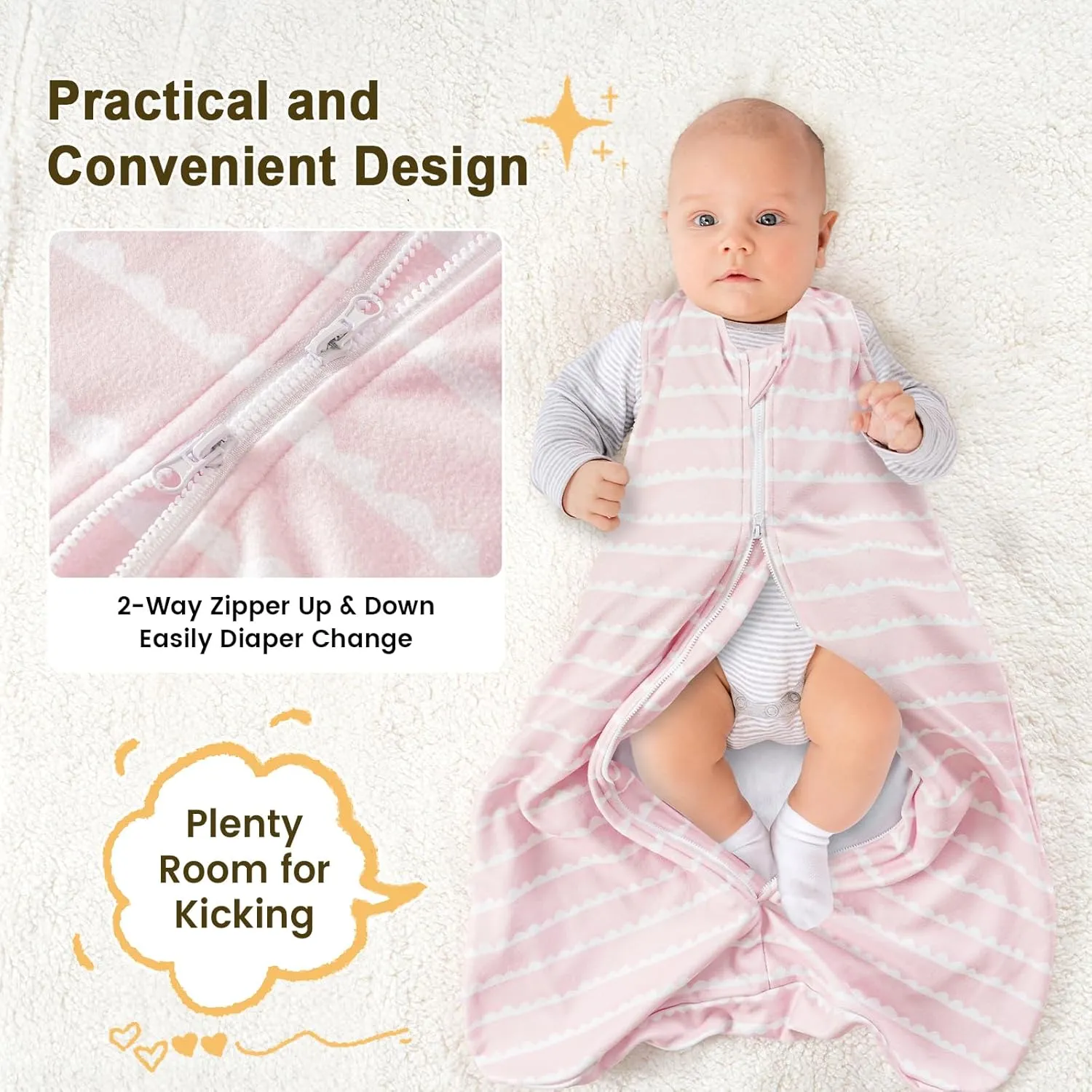 PHF Warm Micro-Fleece Baby Sleep Sack 12-18 Months, Soft Baby Wearable Blanket, 2-Way Zipper Sleeping Bags, 2 Pack Comfy Toddler Sleeping Sack for Girls, Large Size, Rainbow