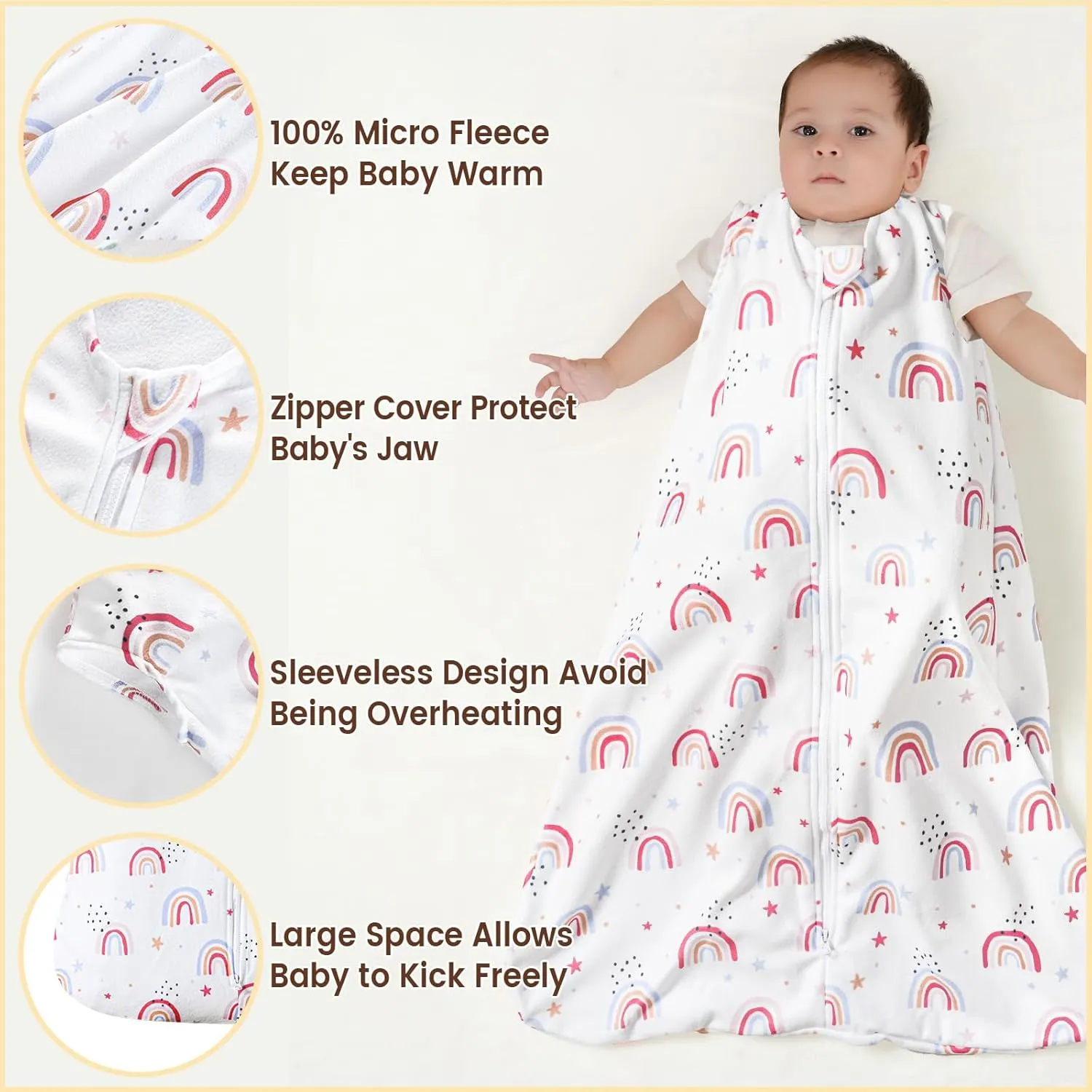 PHF Warm Micro-Fleece Baby Sleep Sack 12-18 Months, Soft Baby Wearable Blanket, 2-Way Zipper Sleeping Bags, 2 Pack Comfy Toddler Sleeping Sack for Girls, Large Size, Rainbow