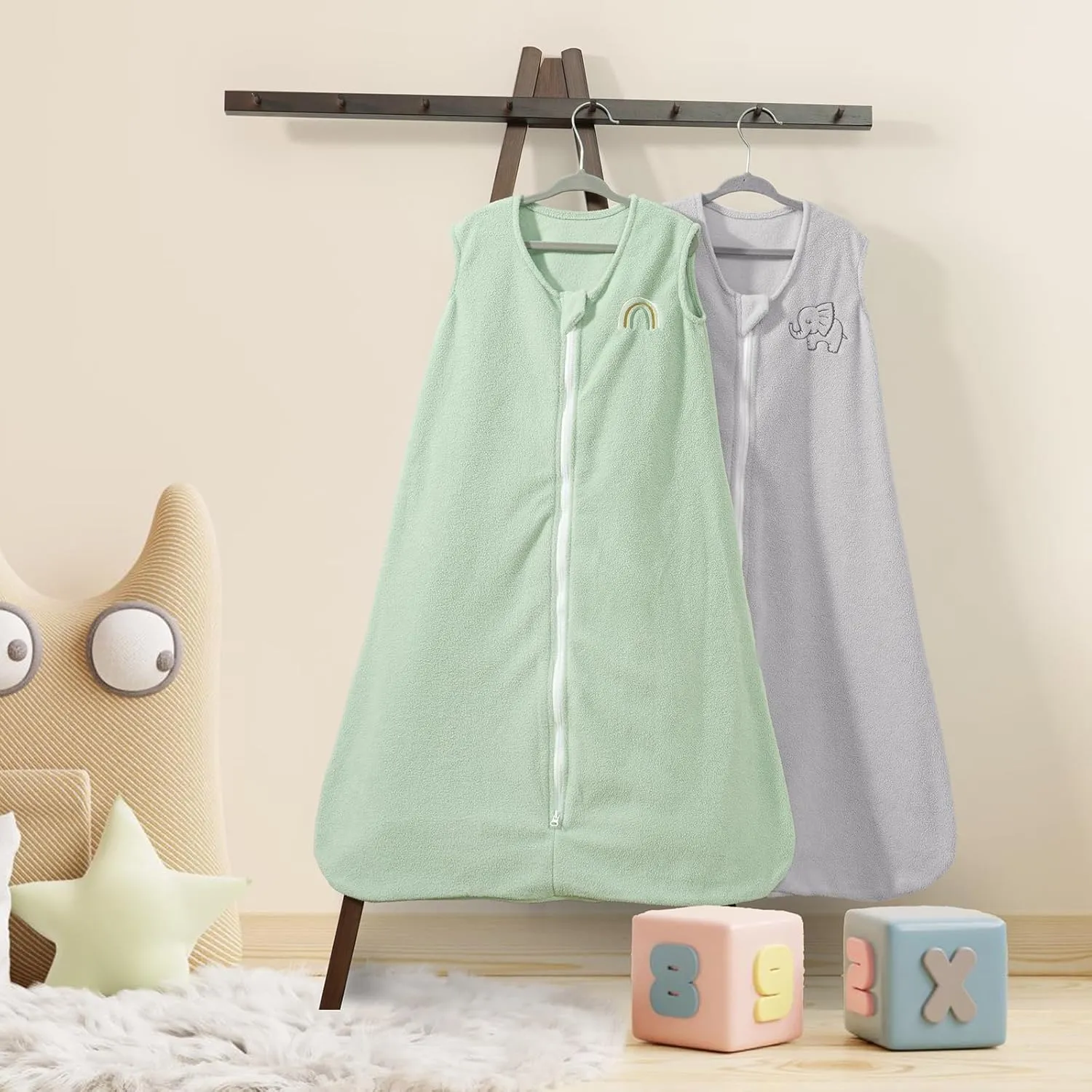 PHF Warm Micro-Fleece Baby Sleep Sack 6-12 Months, Soft Baby Wearable Blanket, 2-Way Zipper Sleeping Bags, 2 Pack Comfy Sleeping Sack for Infant Newborn Boys, Medium Size, Grey & Sage Green