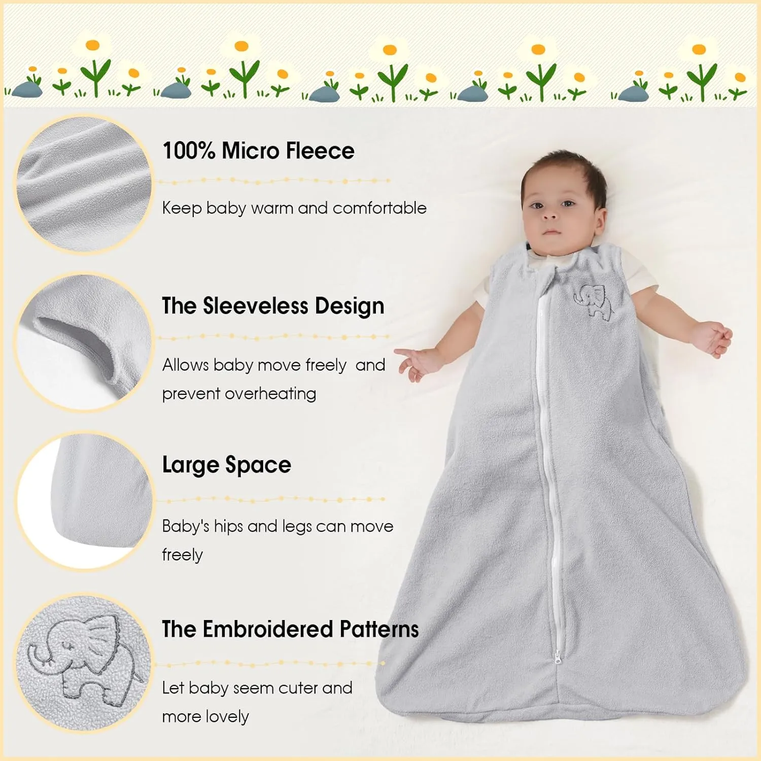 PHF Warm Micro-Fleece Baby Sleep Sack 6-12 Months, Soft Baby Wearable Blanket, 2-Way Zipper Sleeping Bags, 2 Pack Comfy Sleeping Sack for Infant Newborn Boys, Medium Size, Grey & Sage Green