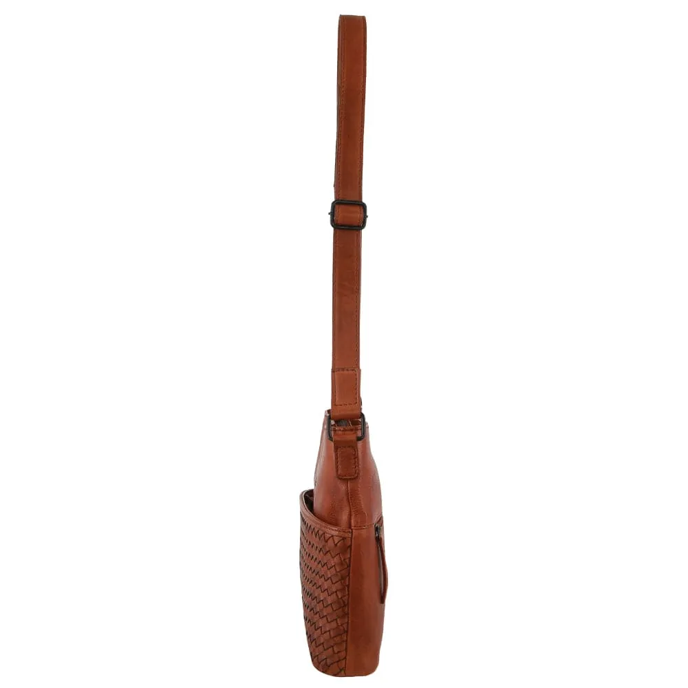 Pierre Cardin Leather Embossed Woven Cross-Body Bag in Cognac