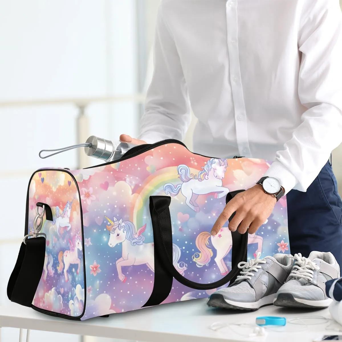 Pink Unicorn Travel Duffle Bag for Women Men Gym Duffel Foldable Bag Waterproof Weekender Fantasy Rainbow Duffle Tote