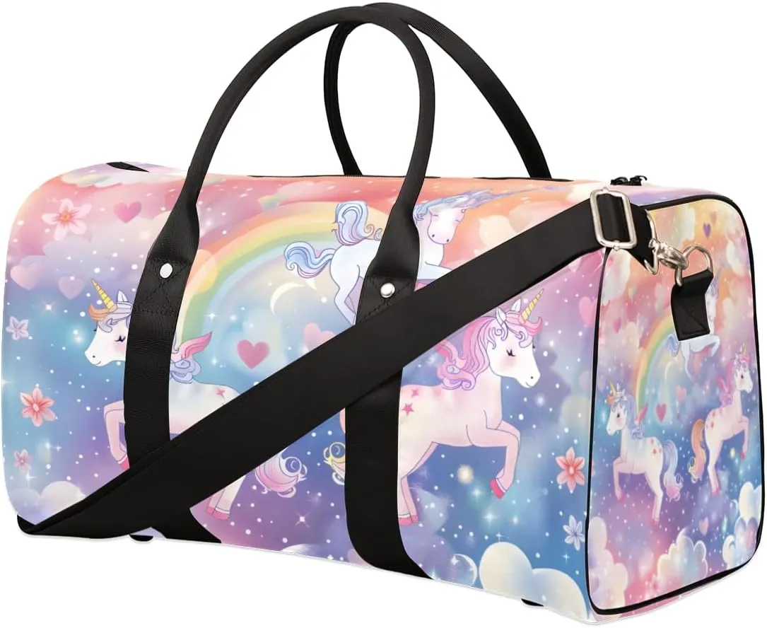 Pink Unicorn Travel Duffle Bag for Women Men Gym Duffel Foldable Bag Waterproof Weekender Fantasy Rainbow Duffle Tote