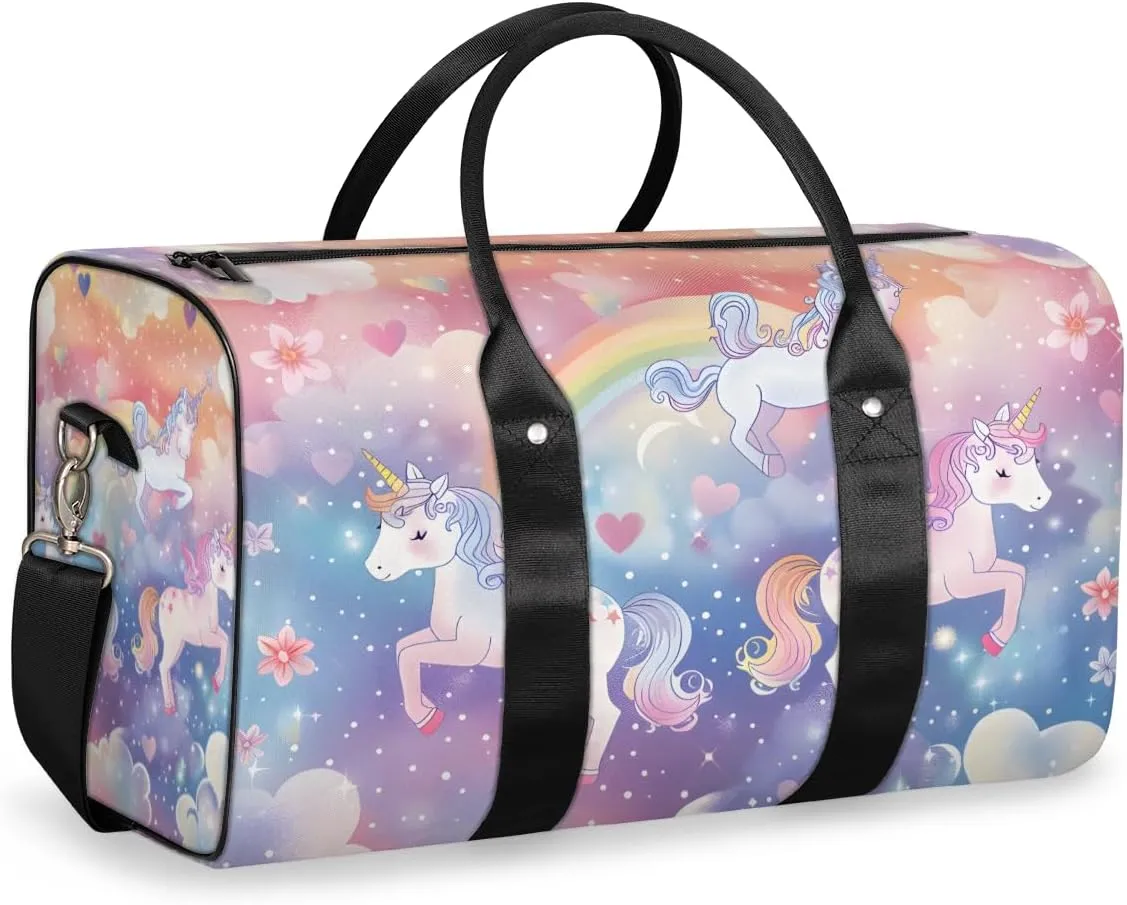 Pink Unicorn Travel Duffle Bag for Women Men Gym Duffel Foldable Bag Waterproof Weekender Fantasy Rainbow Duffle Tote