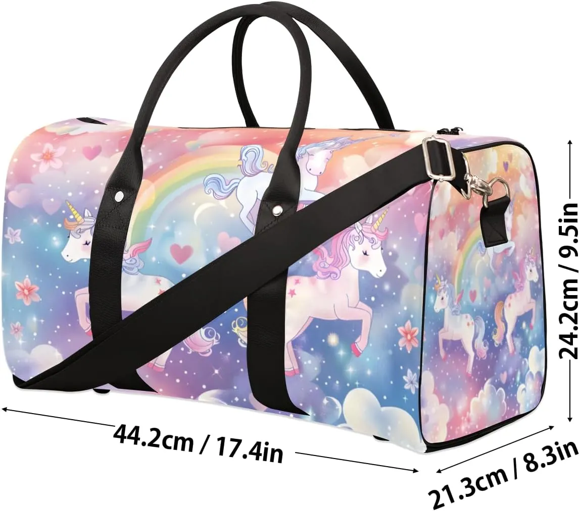 Pink Unicorn Travel Duffle Bag for Women Men Gym Duffel Foldable Bag Waterproof Weekender Fantasy Rainbow Duffle Tote