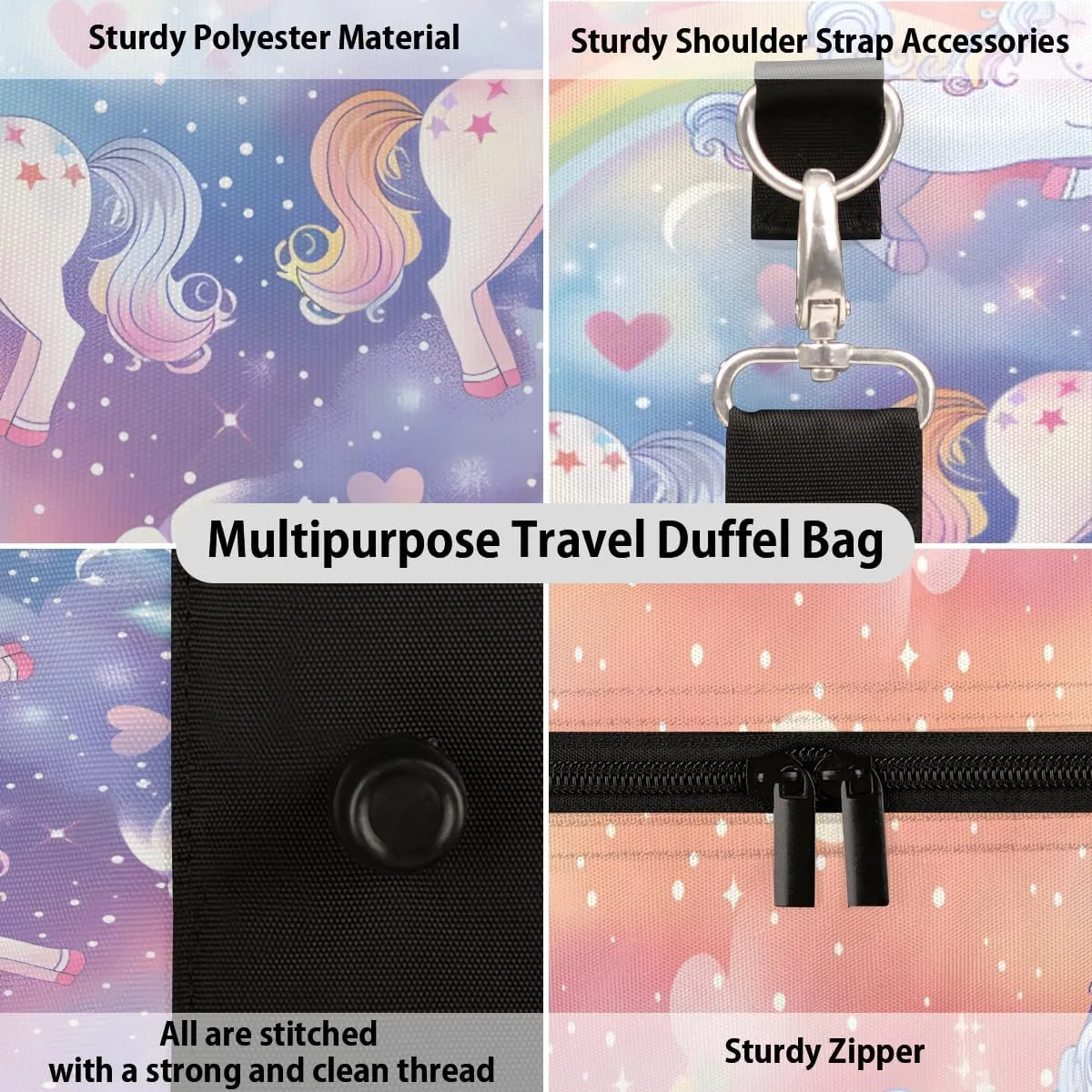 Pink Unicorn Travel Duffle Bag for Women Men Gym Duffel Foldable Bag Waterproof Weekender Fantasy Rainbow Duffle Tote