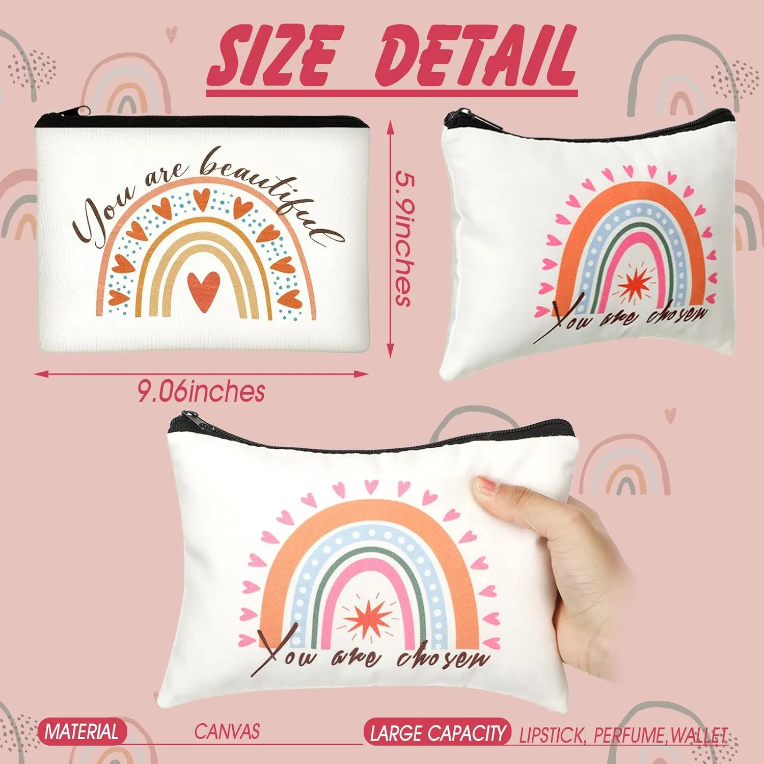 Pinkunn 16 Pcs Canvas Cosmetic Bag Bulk Inspirational Quotes Makeup Bags with Zipper Encouragement Travel Toiletry Pouch Appreciation Gift for Christmas Teacher Birthday Graduation (Rainbow)