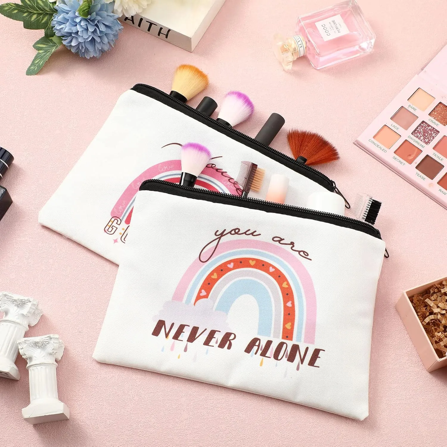 Pinkunn 16 Pcs Canvas Cosmetic Bag Bulk Inspirational Quotes Makeup Bags with Zipper Encouragement Travel Toiletry Pouch Appreciation Gift for Christmas Teacher Birthday Graduation (Rainbow)