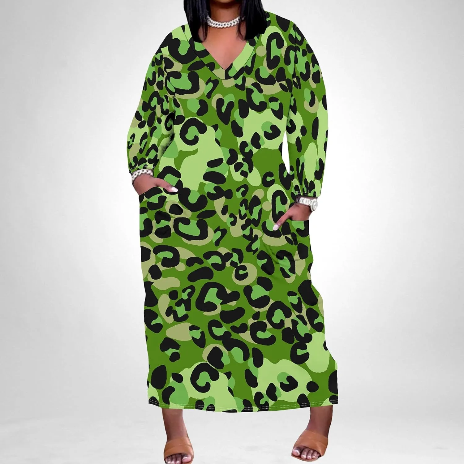 Plus Size Maxi Dresses for Curvy Women 2025 Casual V Neck Long Sleeve Oversize Tshirt with Pockets Travel Vacation Outfits
