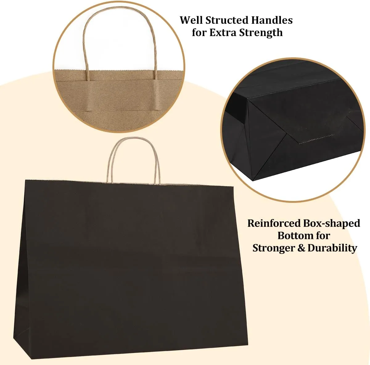 Poever 16x6x12 Kraft Paper Bags with Handles - 50 PCS Bulk, Large Shopping Tote Bags for Retail, Grocery, Merchandise