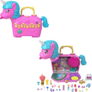 Polly Pocket Dolls & Playset with Pets & 25  Surprise Accessories, Birthday Celebration Unicorn Partyland Playset, Hot Air Balloon Ride